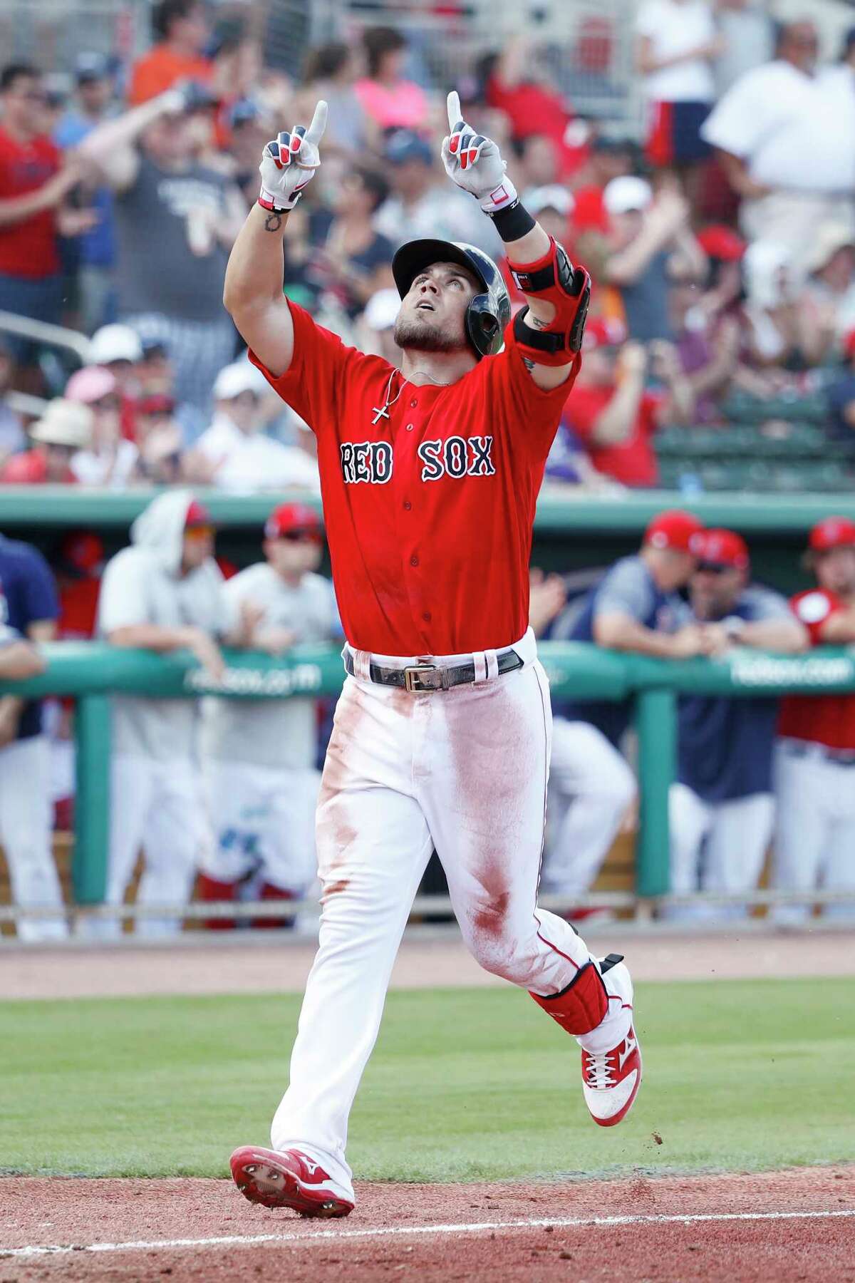 FORT MYERS, FL - FEBRUARY 23: Michael Chavis #65 of the Boston Red Sox reacts after hitting a three-run home run in the third inning of a Grapefruit League spring training game against the New York Yankees at JetBlue Park at Fenway South on February 23, 2019 in Fort Myers, Florida. (Photo by Joe Robbins/Getty Images)