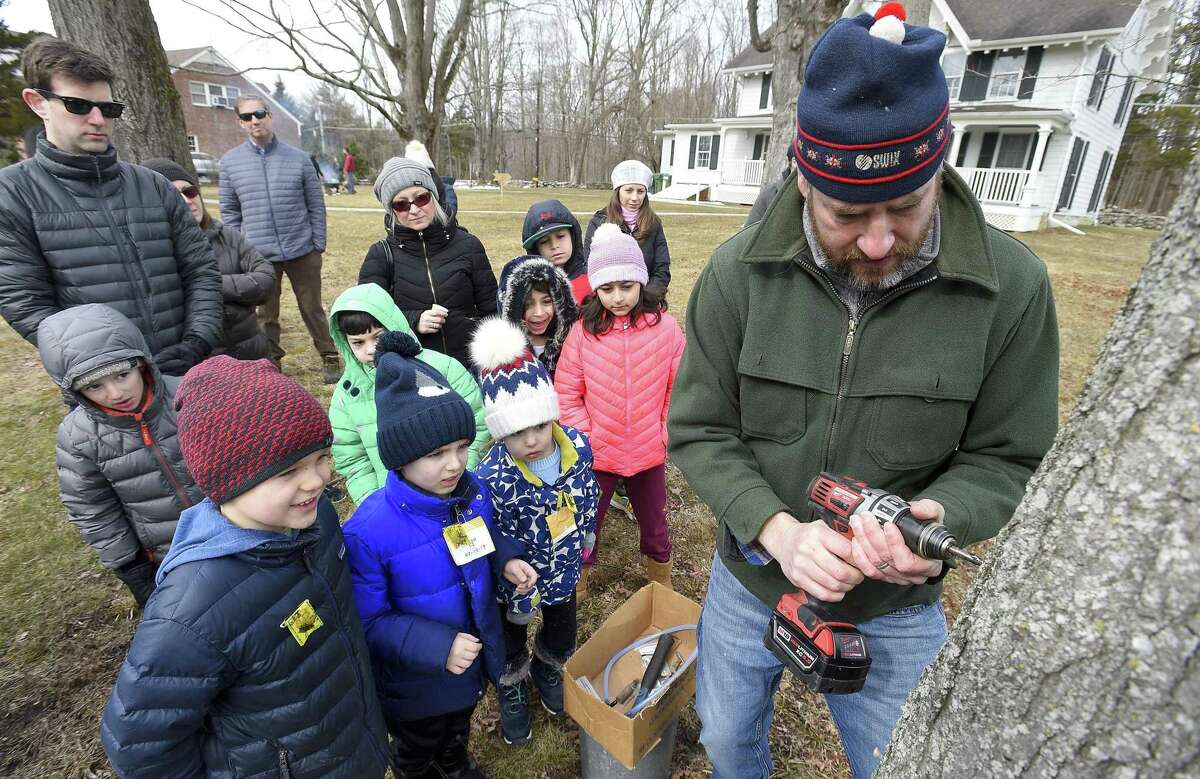 Participants watch as Will Kies, Executive Director of Greenwich Land Trust tap a Sugar Maple Tree to harvest its sap to make syrup during the GLT's annual Maple Sugar Day at Mueller Preserve on Saturday, Feb. 23, 2019 in Greenwich, Connecticut. The event featured demonstration stations, candy crafting, arts and crafts and activities for the whole family.