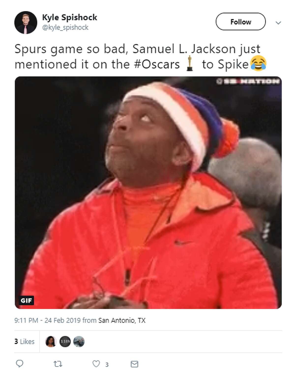 Twitter reacted to Samuel L. Jackson calling out the Spurs' loss to the Knicks at the 2019 Academy Awards.