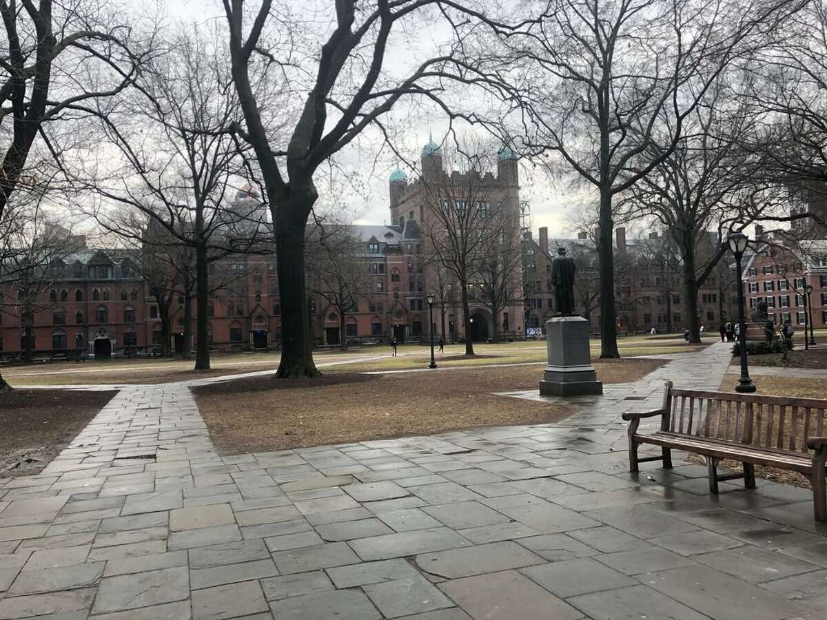 Old Campus at Yale University, New Haven, seen from the northwest, near High Street. Phelps Gate is at center; Connecticut Hall is at right.
