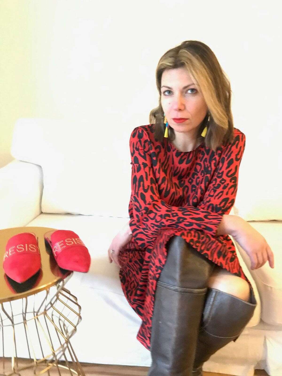 Marina Levine of Greenwich is one of the co-founders of Indivisible Greenwich, and she has launched a line of conversation-starting footwear. IamMoi is a direct-to-consumer line featuring sleek, leather slides and loafers bearing resistance slogans, such as “Resist,” “We Rise” and “Vote.”