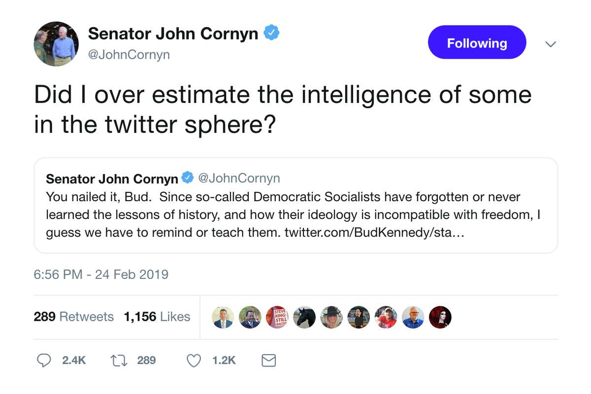 GOP Sen. John Cornyn's Sunday tweet has some Twitter users angry, others confused.