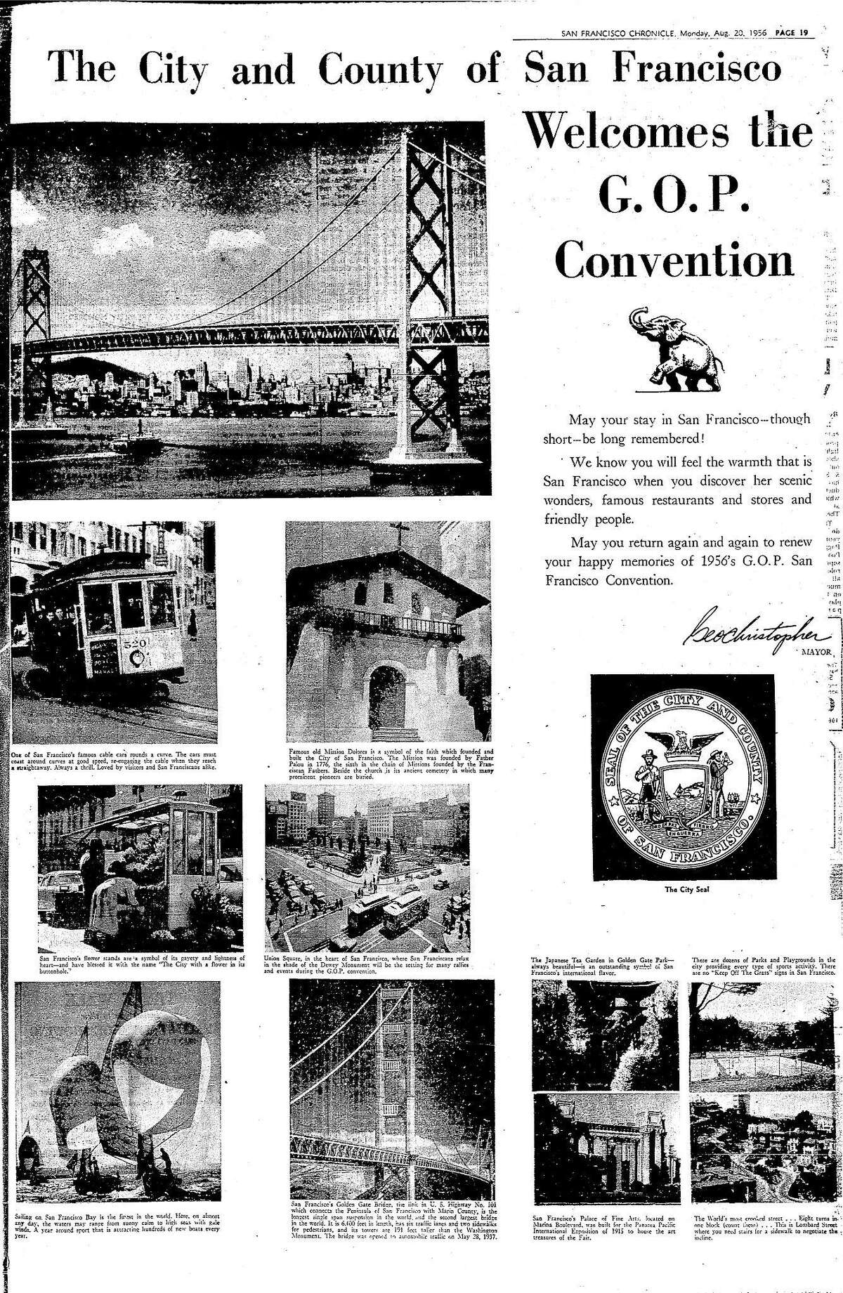 An August 20, 1956 full page ad Welcoming the Republican National Convention list a number of popular tourist sites, including the crooked portion of Lombard Street