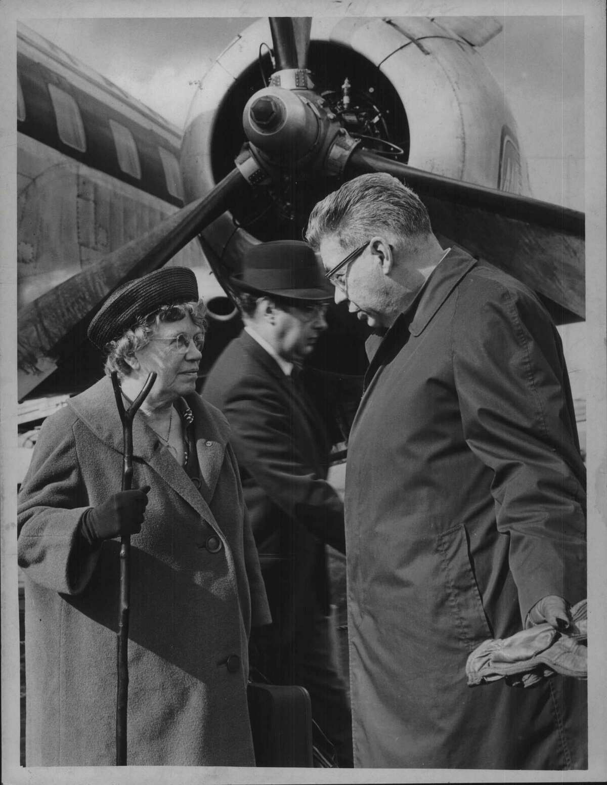 New York - Margaret Mead arrives at Albany Airport and is greeted by Mr. Bovee of Skidmore College. Mead was the 1958 commencement speaker. (Times Union Staff Photo/Times Union Archive)