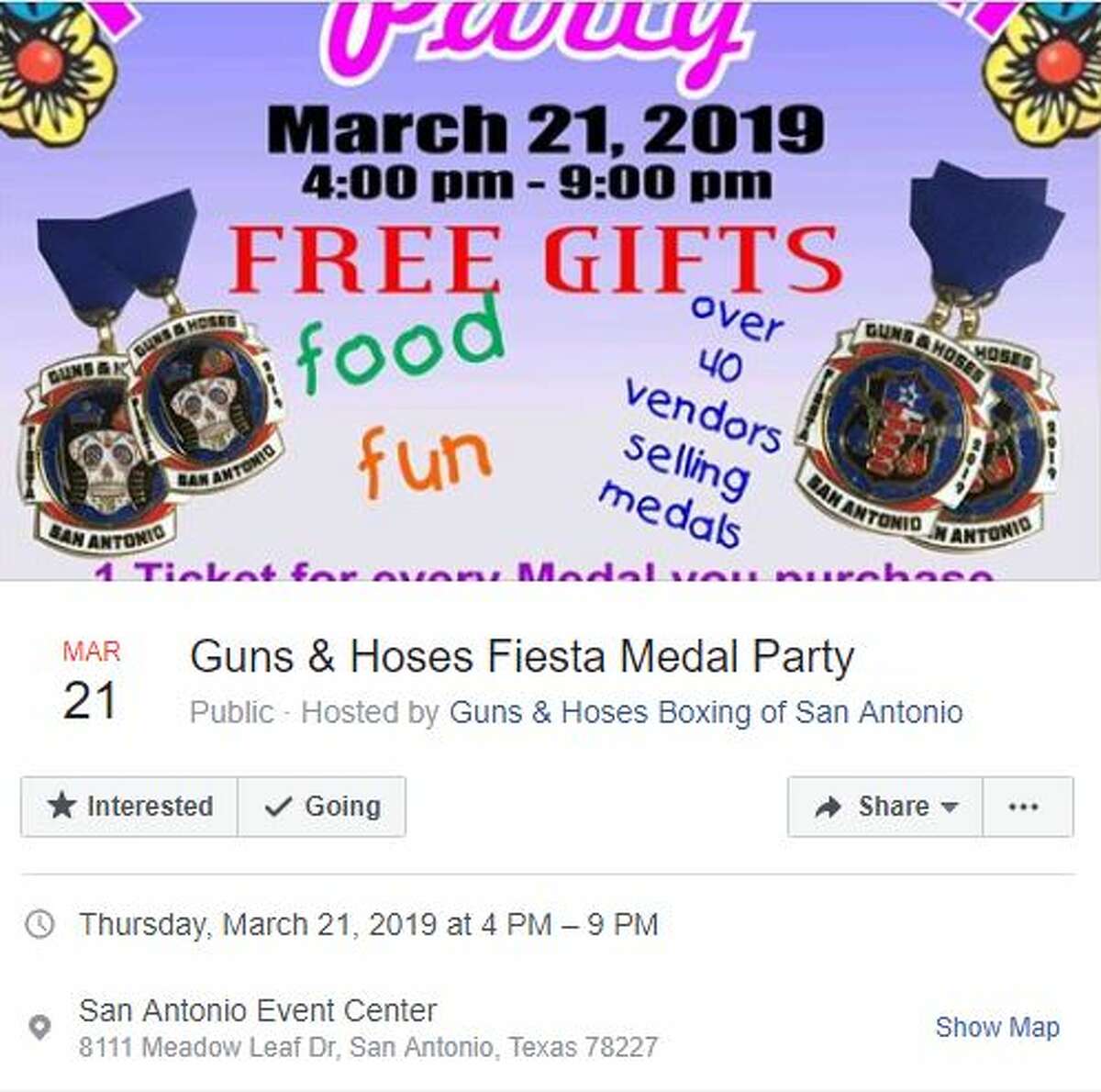 Guns & Hoses Fiesta Medal Party Thursday, March 21, 2019, 4-9 p.m. San Antonio Event Center, 8111 Meadow Leaf Drive, San Antonio, TX, 78227