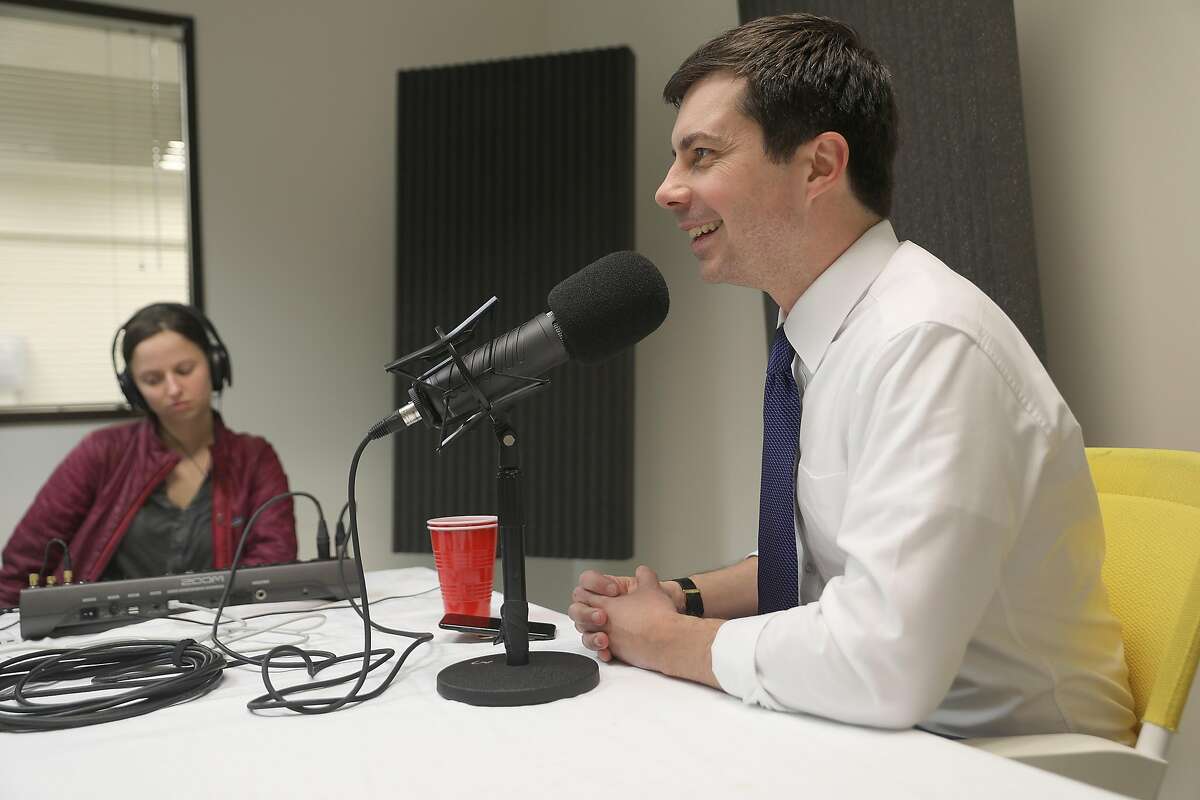 South Bend Indiana Mayor Pete Buttigieg brings his presidential campaign to San Francisco and does a podcast at the San Francisco Chronicle with reporter Joe Garofoli on Monday, Feb. 25, 2019 in San Francisco, Calif.