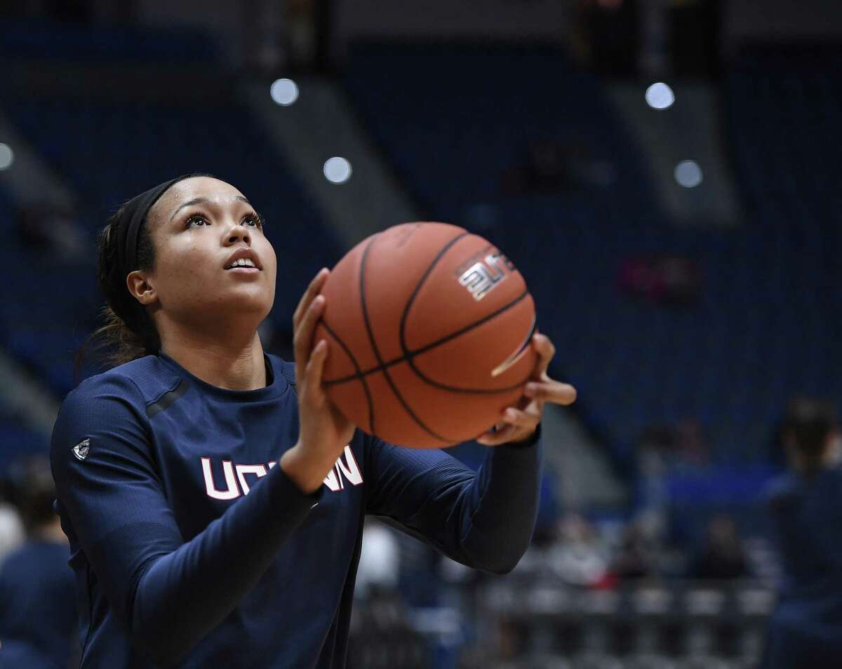 UConn’s Napheesa Collier warms up before a game in Hartford on Feb. 20.