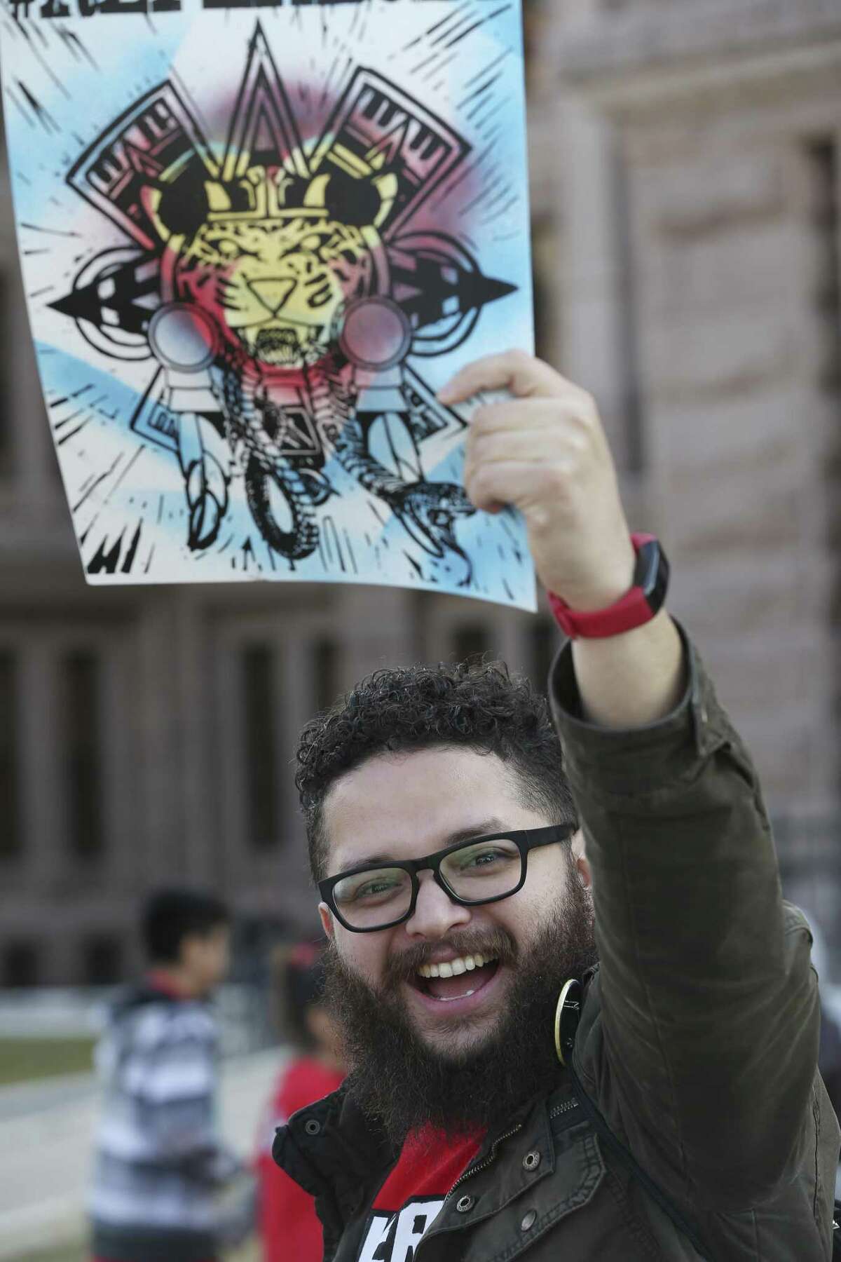 Chele Iglesias, of Houston, joins other for a Fuerza Texas rally at the State Capitol, Monday, Feb. 25, 2019. The group is calling for the repeal of SB4. The bill was passed by the Texas legislature during the last session and bans sanctuary cities in the state. Texas State Sen. Jose Menendez, D-San Antonio, and State Rep. Rafael Anchia, D-Dallas, have introduced bills repealing SB4.
