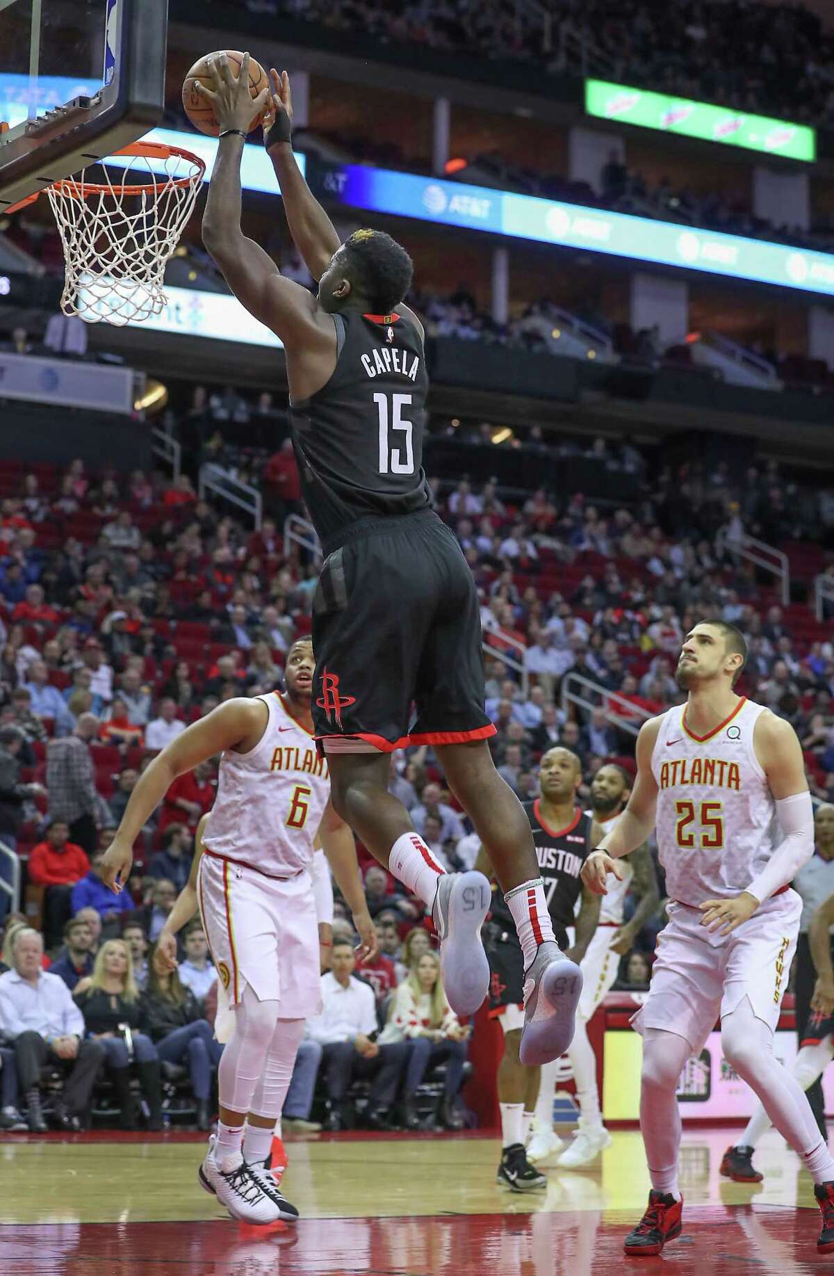 Houston Rockets center Clint Capela (15) dunks for two during the first half of an NBA basketball game at Toyota Center on Monday, Feb. 25, 2019, in Houston.