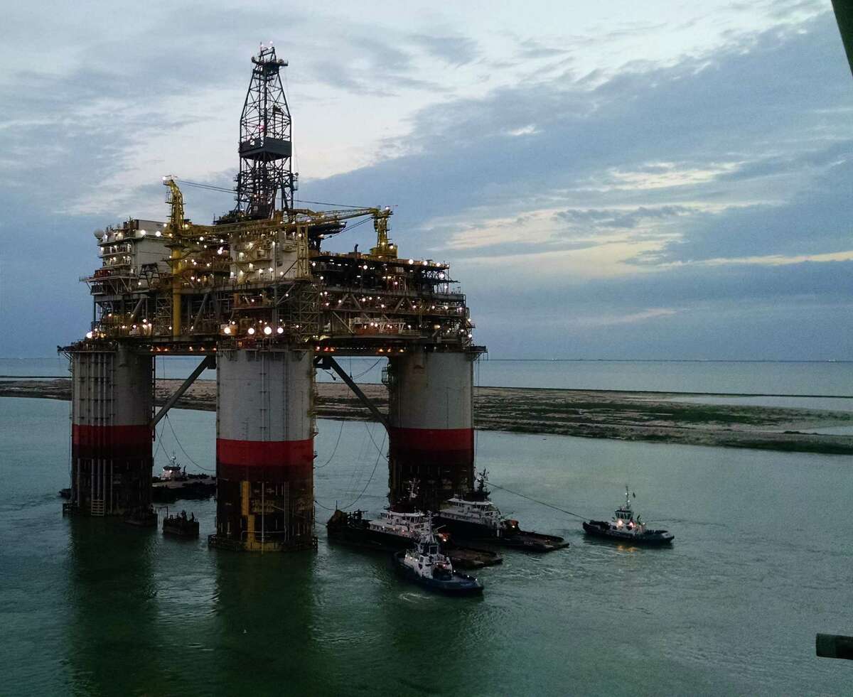 Tow vessels begin moving Chevron’s Big Foot production platform into the Gulf of Mexico on March 13, 2015, from Gulf Marine Fabrication Yard near Corpus Christi. Cutbacks in the Gulf of Mexico and shale plays have the U.S. projecting a cut in production. NEXT: See major pipeline projects in Texas. 