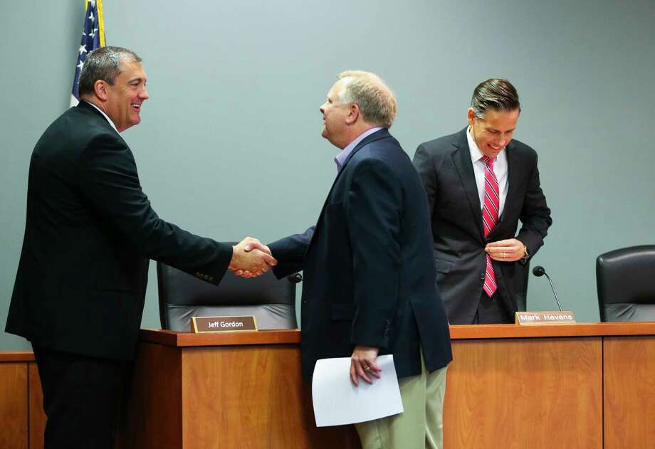 Left to right, General Land Office chief legal officer Jeff Gordon, board member Scott Rohrman and deputy land commissioner Mark Havens at a land board meeting.  Most of  the board’s investment discussions are  behind closed doors. Photo: Mark Mulligan, Staff Photographer / © 2018 Mark Mulligan / Houston Chronicle