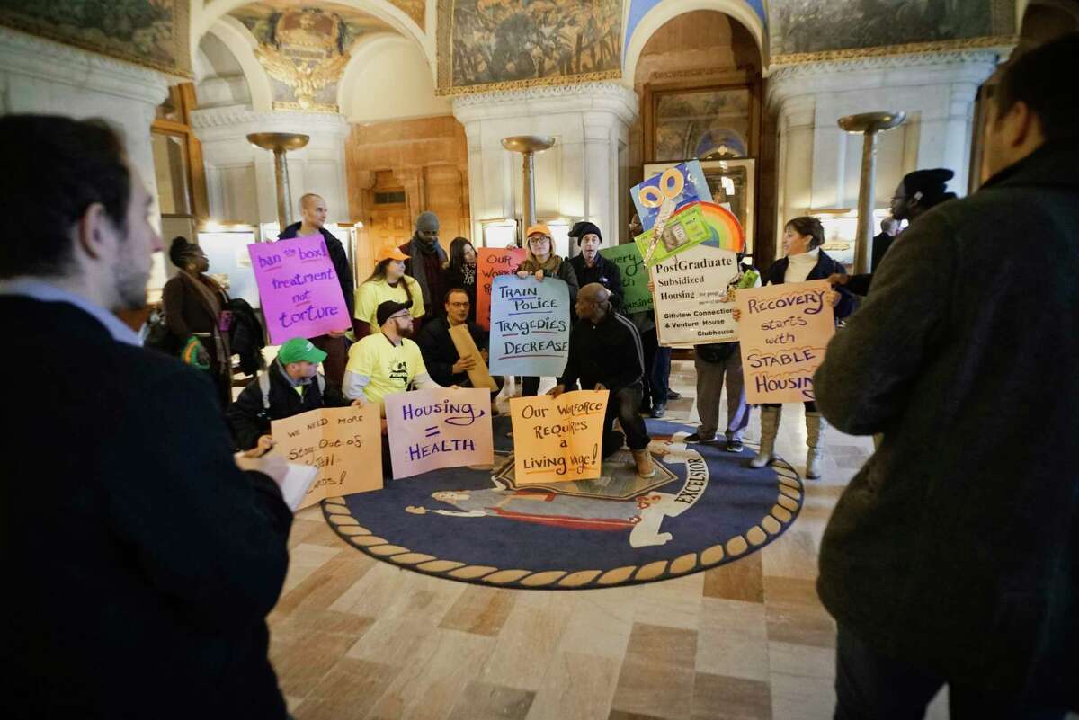Mental health advocates and community providers from across the State take part in a rally inside the Capitol on Tuesday, Feb. 26, 2019, in Albany, N.Y. Those taking part in the rally were calling on legislators to address housing concerns, and criminal justice reforms. (Paul Buckowski/Times Union)
