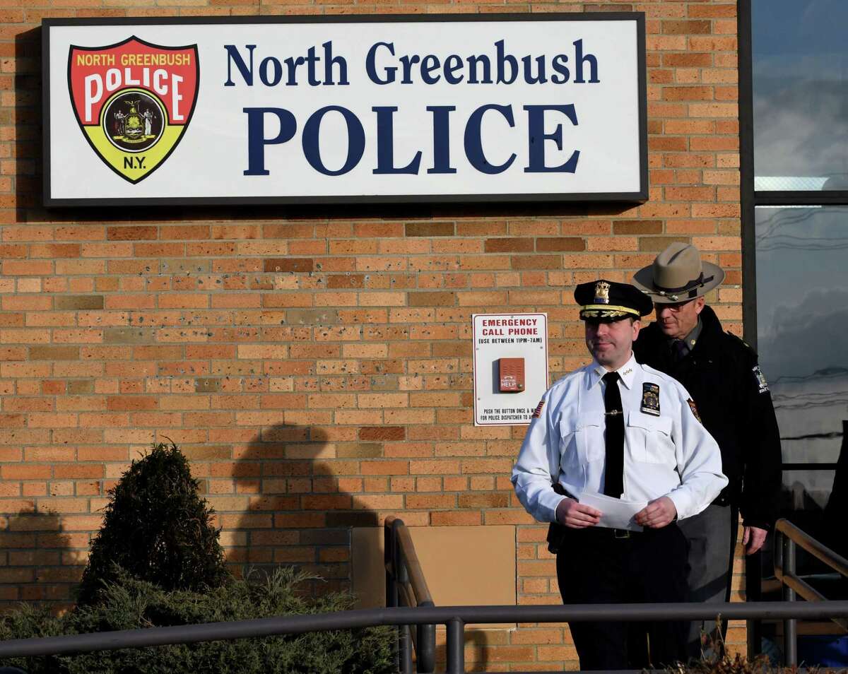 North Greenbush Police Chief David Keevern leaves the police headquarter building to hold a news briefing on the Route 4 M&T Bank branch robbery on Tuesday, Feb. 26, 2019, in North Greenbush, N.Y. (Will Waldron/Times Union)