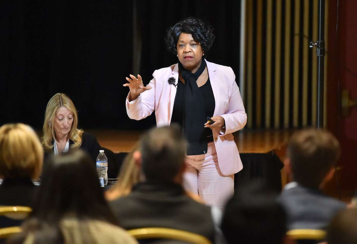 CPS CEO Paula Gold Williams speaks during a CPS Energy public input meeting on the city's climate action and adaptation plan that aspires San Antonio tp by carbon-neutral by 2050.