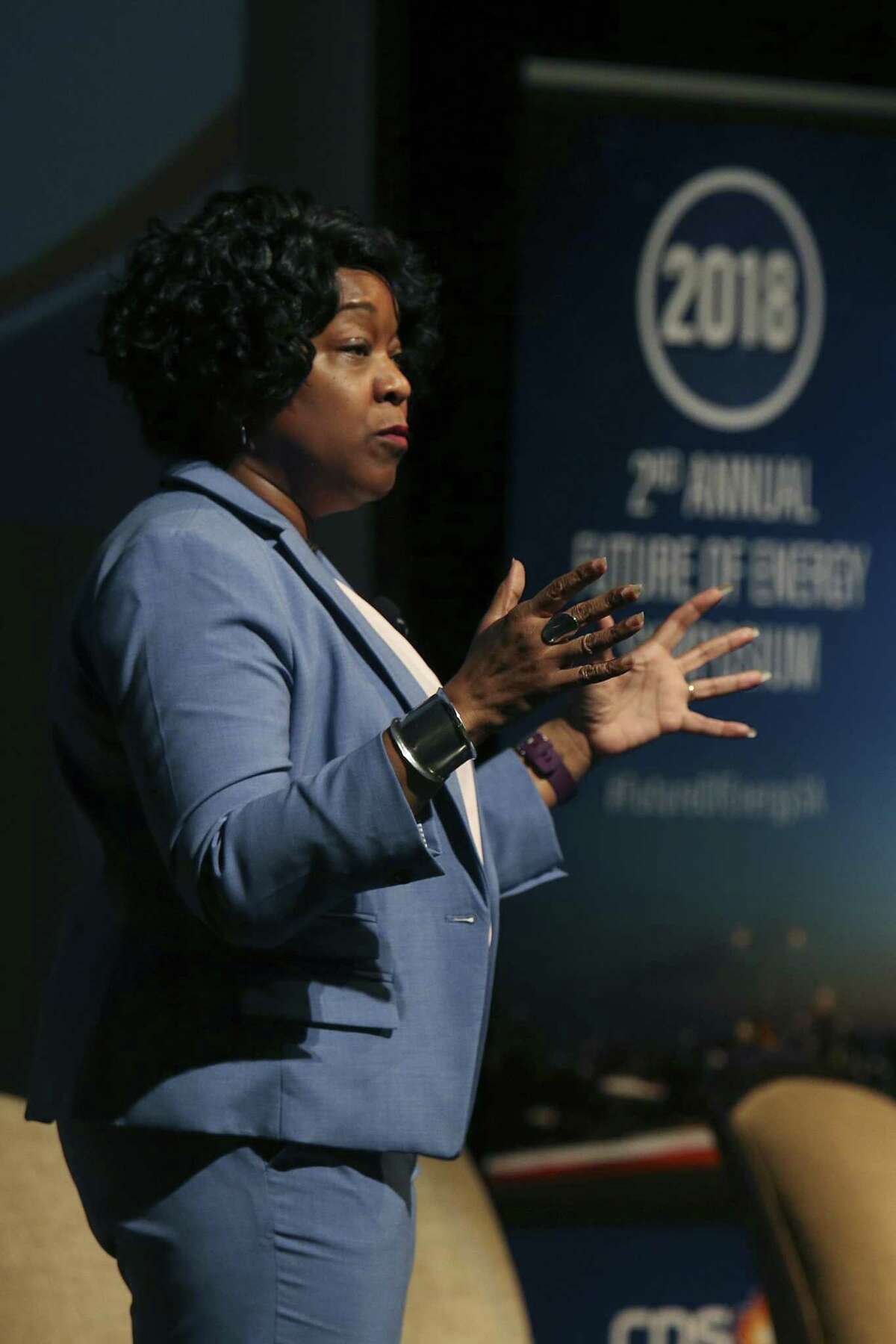 CPS Energy President and CEO Paula Gold-Williams speaks during the second annual Future of Energy Symposium at the Texas A&M - San Antonio main campus, Tuesday, Feb. 27, 2018.