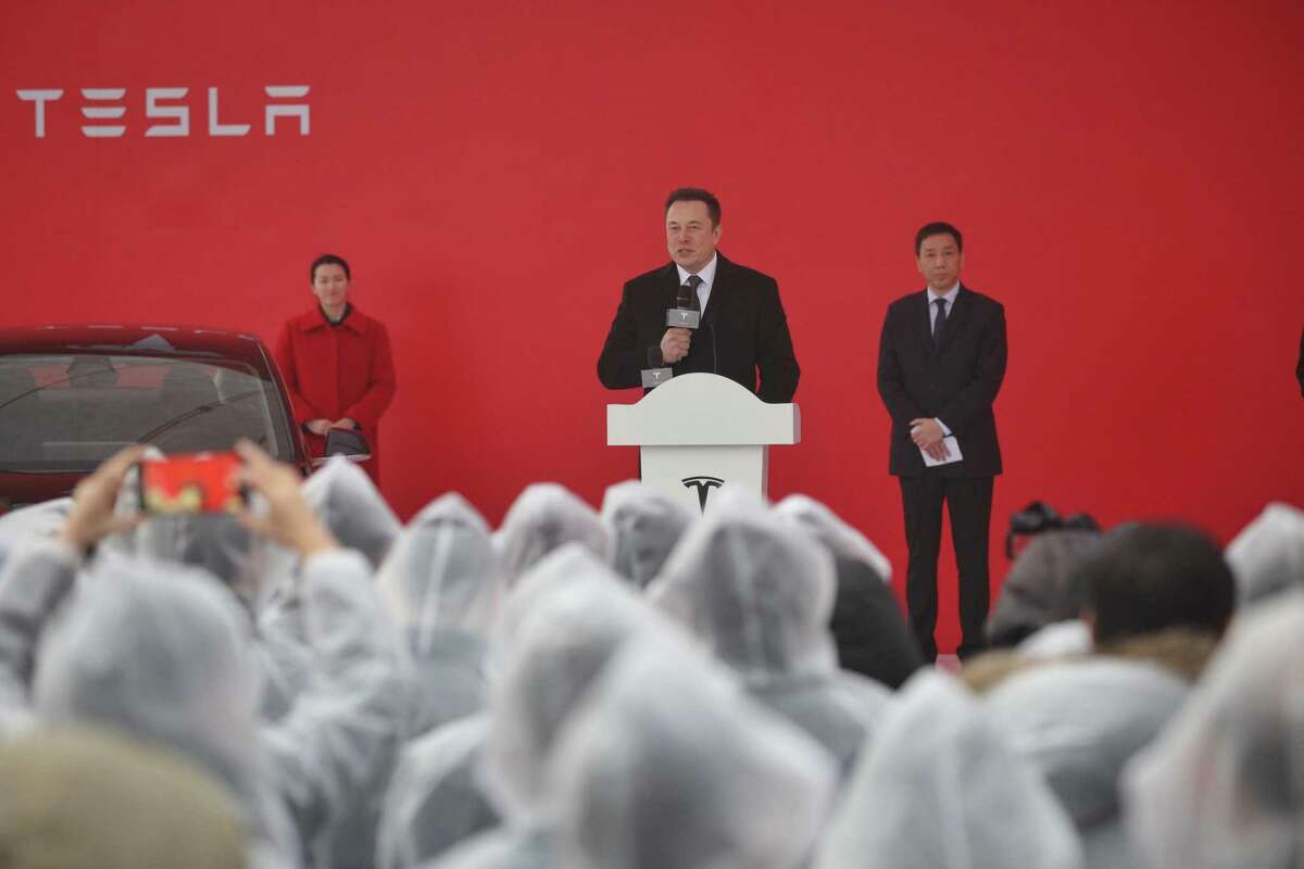 Tesla CEO Elon Musk speaks during the groundbreaking ceremony of Tesla’s Shanghai Gigafactory in January.