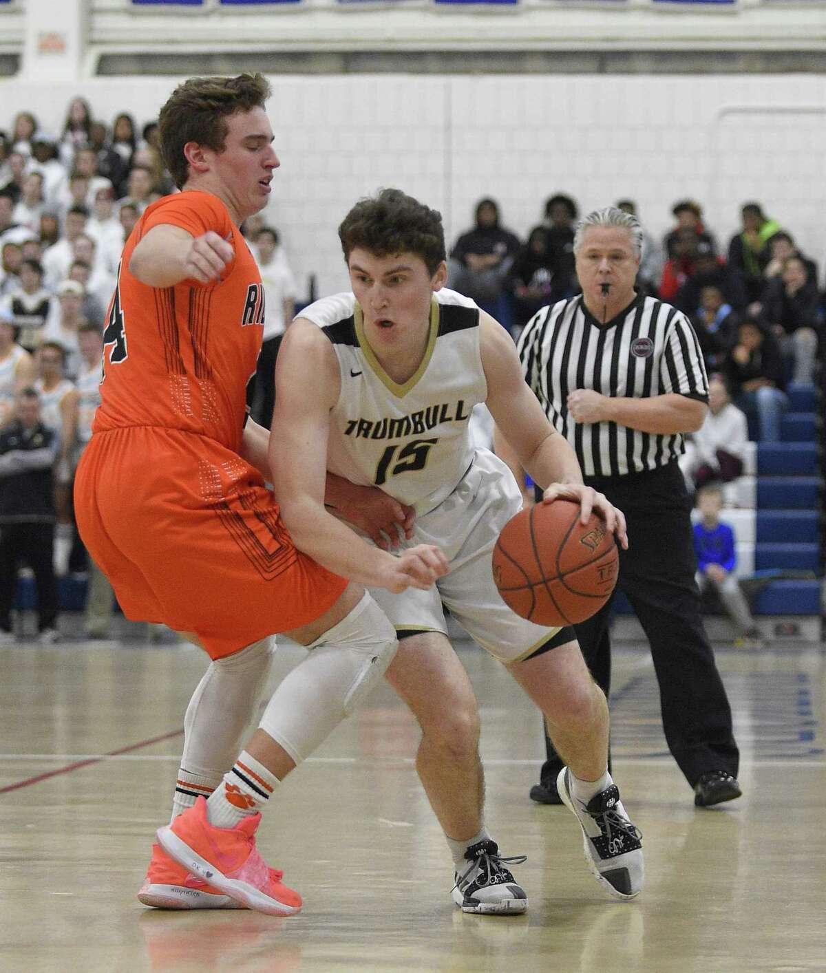Ridgefield defeated Trumbull 73-66 in a FCIAC semifinal boys basketball game at Wilton High School on Tuesday, Feb. 26, 2019 in Wilton, Connecticut.