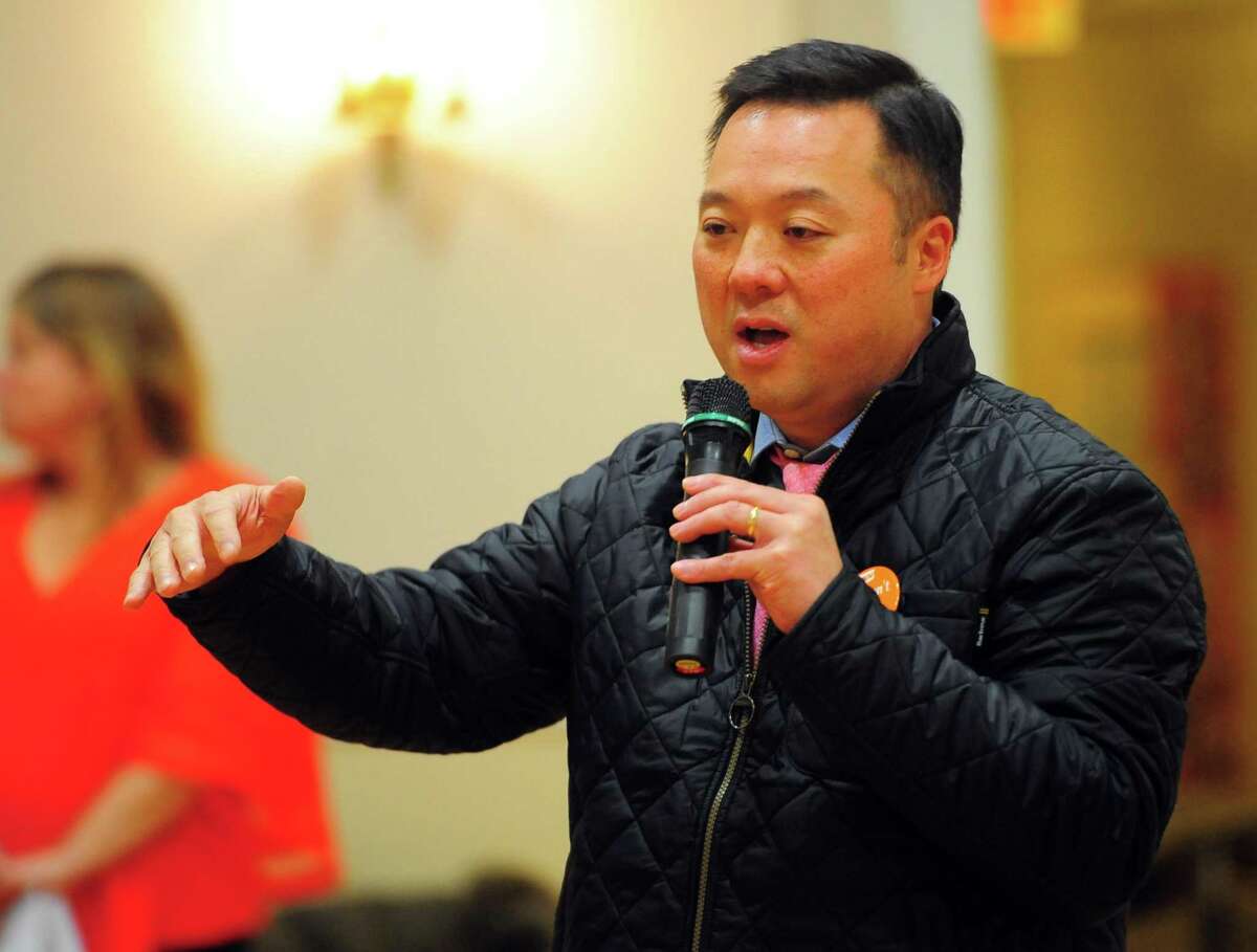 Connecticut Attorney General William Tong speaks at gun violence vigil at First Congregational Church in Fairfield, Conn., on Thursday Feb. 14, 2019.