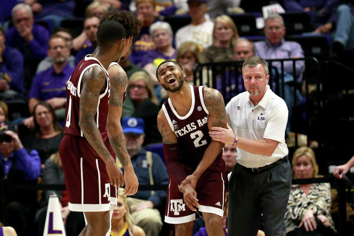 BATON ROUGE , LOUISIANA - FEBRUARY 26: TJ Starks #2 of the Texas A&M Aggies injurs his arm during the first half against the LSU Tigers at Pete Maravich Assembly Center on February 26, 2019 in Baton Rouge, Louisiana.