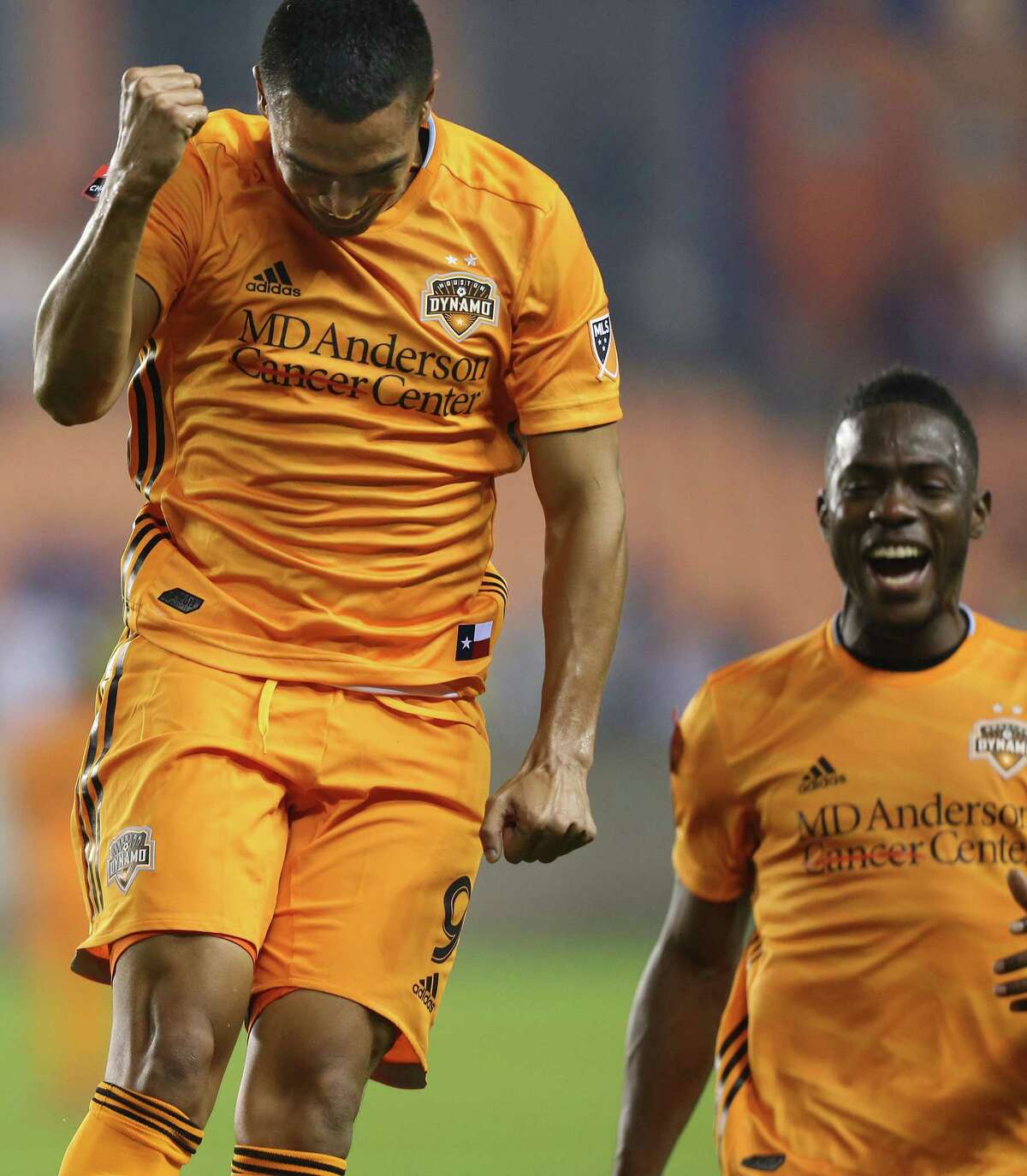 Houston Dynamo forward Mauro Manotas (9) celebrates his second goal with defender Dylan Remick (15) against Guastatoya in round of 16, leg 2 of 2 for the Concacaf Championship League at BBVA Compass Stadium on Monday, Feb. 26, 2019 in Houston. Houston won the rain-delayed game 2-1.