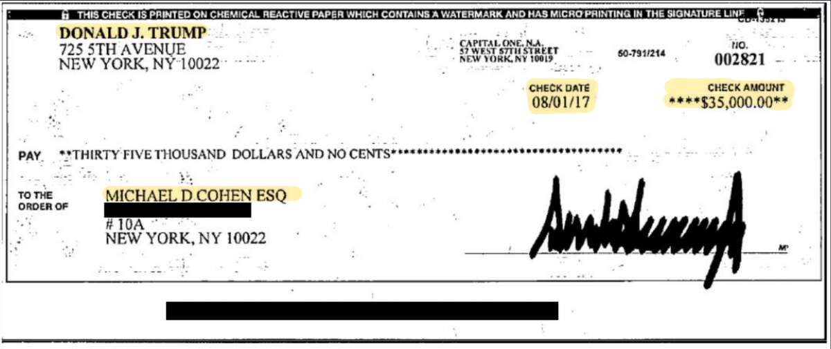 Michael Cohen says this check was an installment of a reimbursement from President Donald Trump to Cohen for Cohen's hush-money payment to Stormy Daniels.