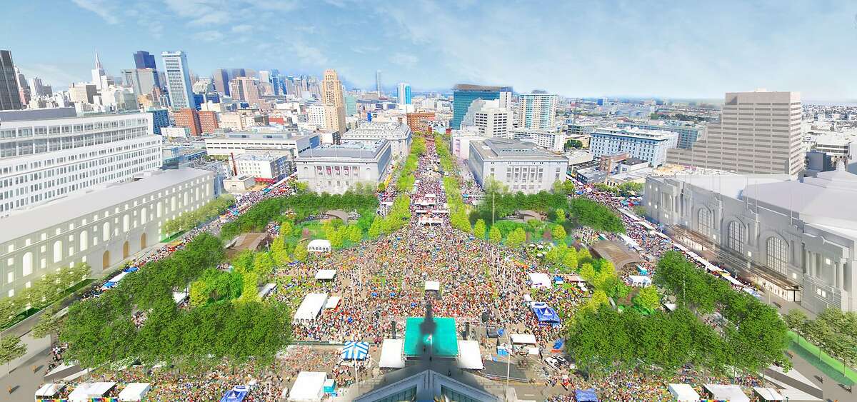 A rendering that shows how Civic Center might accommodate large marches or celebrations under a conceptual design proposed by the San Francisco Planning Department.