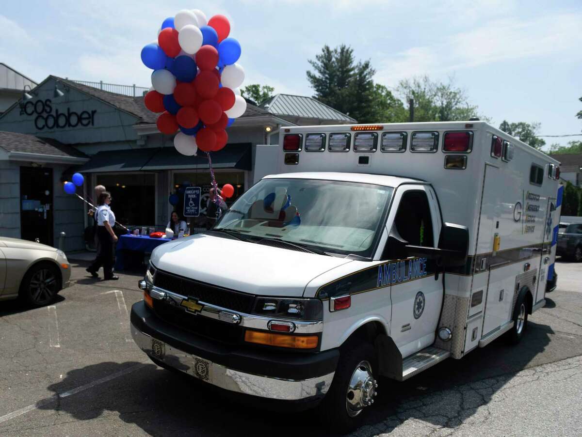 A GEMS ambulance is parked outside for the Greenwich Emergency Medical Service (GEMS) fundraiser at Caren's Cos Cobber in the Cos Cob section of Greenwich, Conn. Wednesday, May 30, 2018.
