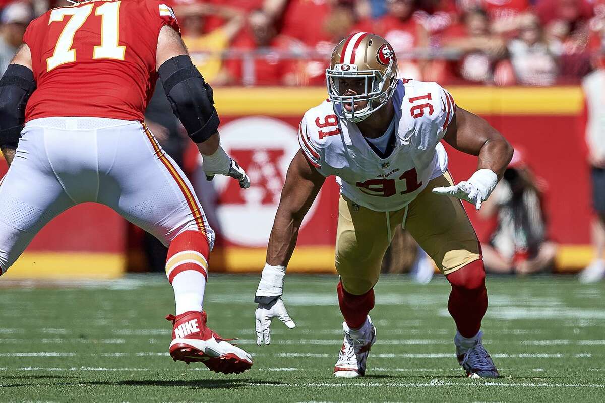 49ers defensive end Arik Armstead (91), who started all 16 games last season, is credited with helping the 49ers rank 14th in rushing yards allowed per game (113.4), up from 22nd in 2017.