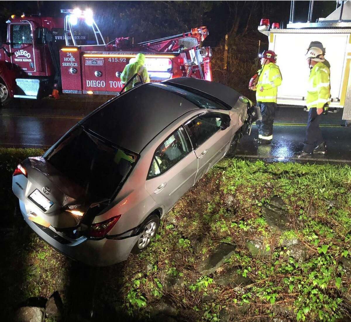 The Marin County Sherriff's Department responded to an overturned vehicle in a ditch off Lucas Valley Road on Feb. 25, 2019