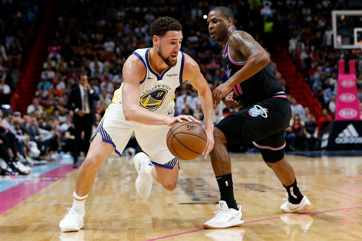 MIAMI, FLORIDA - FEBRUARY 27: Klay Thompson #11 of the Golden State Warriors drives to the basket against the Miami Heat during the first half at American Airlines Arena on February 27, 2019 in Miami, Florida. NOTE TO USER: User expressly acknowledges an