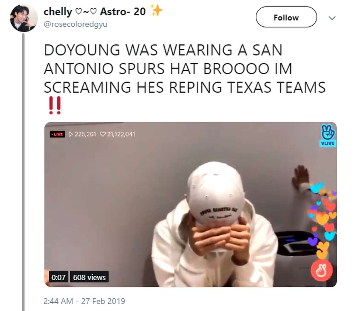 @rosecoloredgyu: DOYOUNG WAS WEARING A SAN ANTONIO SPURS HAT BROOOO IM SCREAMING HES REPING TEXAS TEAMS