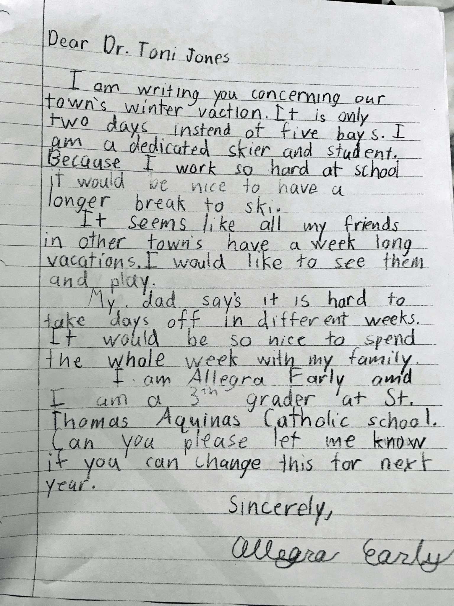 Fairfield 3rd-grader pens letter asking officials for longer winter break