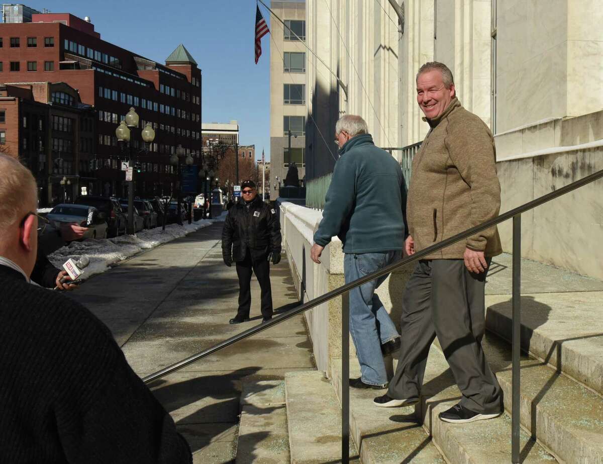 Cohoes Mayor Shawn Morse, right, leaves the Federal Courthouse after a grand jury indicted him on seven charges related to his alleged misuse of political campaign funds on Thursday, Feb. 28, 2019 in Albany, N.Y. (Lori Van Buren/Times Union)