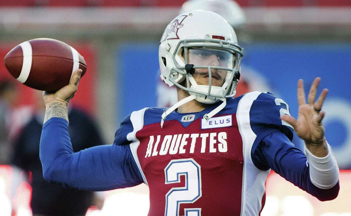 FILE - In this Friday, Sept. 14, 2018 file photo, Montreal Alouettes quarterback Johnny Manziel throws a pass during warmups before a CFL football game against the BC Lions in Montreal. Johnny Manziel’s time in the Canadian Football League is over. The CFL terminated the 2012 Heisman Trophy winner’s contract with the Montreal Alouettes on Wednesday, Feb. 27, 2019. The league also informed the eight other teams that it wouldn’t register a contract for Manziel if any tried to sign him. (Graham Hughes/The Canadian Press via AP, File)