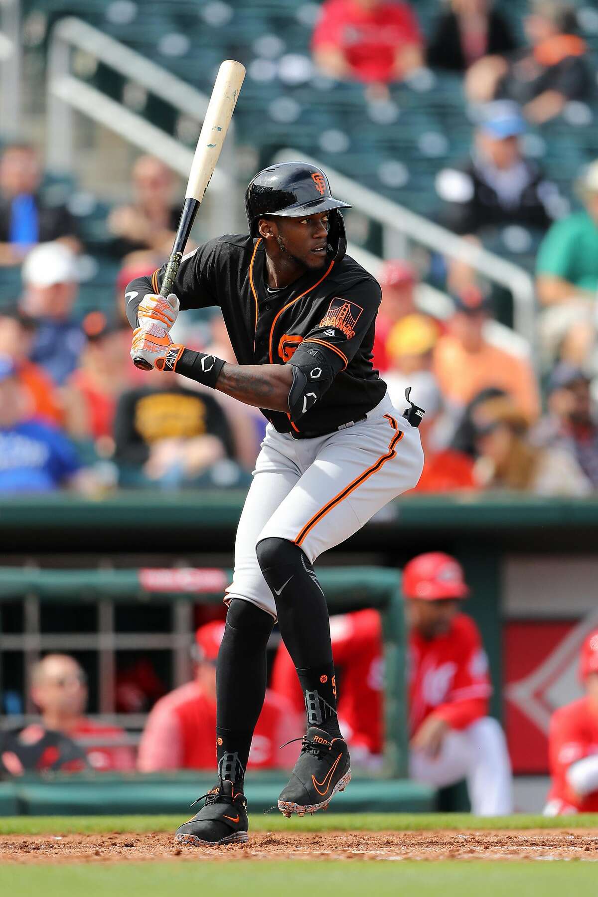 GOODYEAR, AZ - FEBRUARY 26: Cameron Maybin #5 of the San Francisco Giants bats during a Spring Training game against the Cincinnati Reds on Tuesday, February 26, 2019 at Goodyear Ballpark in Goodyear, Arizona. (Photo by Alex Trautwig/MLB Photos via Getty Images)