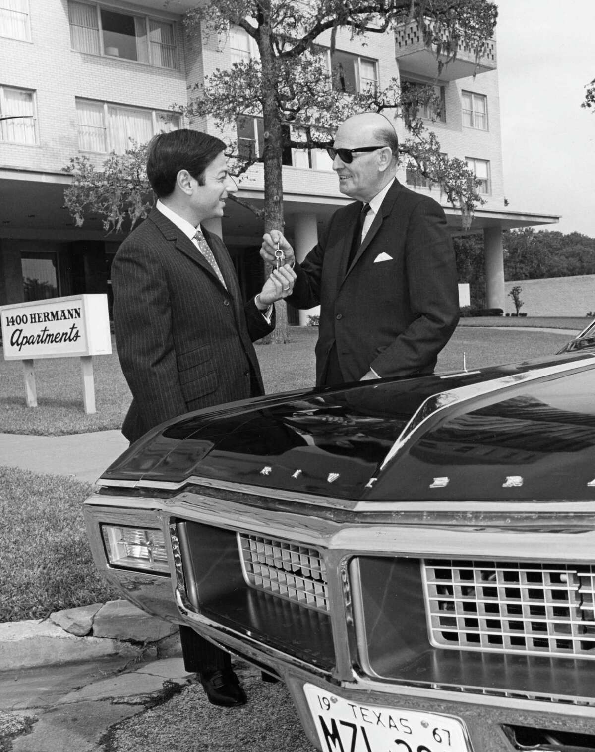 From the Oct. 1967 Houston Post: Houston symphony conductor Andre Previn, left, is riding in style while he is in town. Al Parker Buick owner Al Parker is shown giving him the keys to a new auto for his use while he is here.