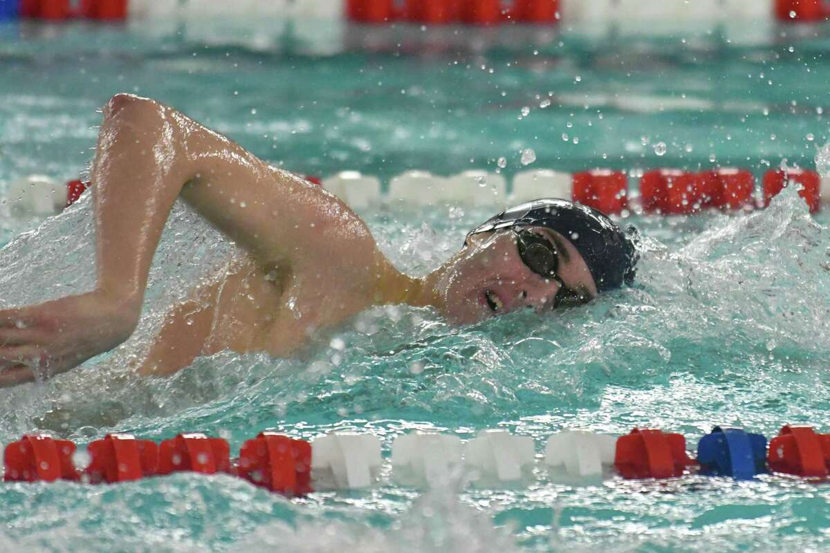 John McNab of the Staples swims to a second place finish in the 200 freestyle during the FCIAC Swimming Championships held on Thursday February 28, 2019 at Greenwich High School in Greenwich, Connecticut.