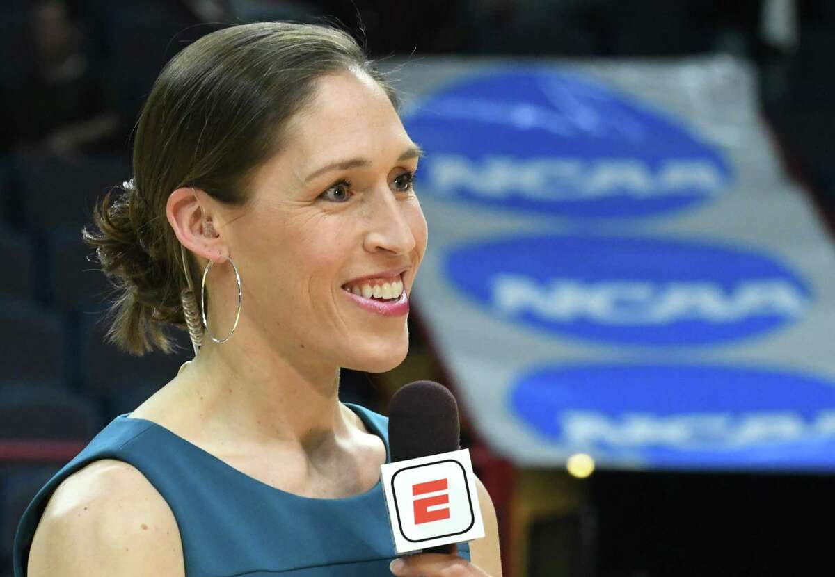 Television analyst and former WNBA player Rebecca Lobo is seen working at the NCAA Women's Basketball regional final between UConn and South Carolina at the Times Union Center on March 26, 2018 in Albany, N.Y.