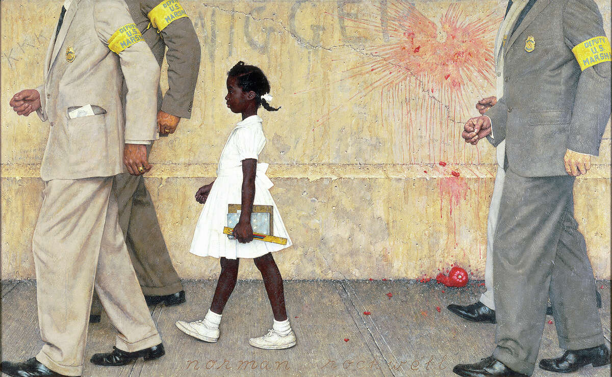 Norman Rockwell's 1963 painting "The Problem We All Live With" depicts grade-schooler Ruby Bridges walking to the New Orleans school where she was the only African-American student, escorted by four federal marshals.