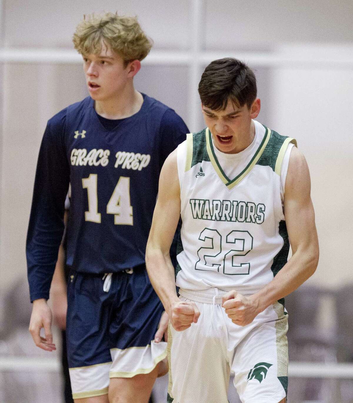 The Woodlands Christian Academy shooting guard Zack Golaszewski (22) reacts after a turnover by Arlington Grace Prep during the second quarter of the TAPPS 4A state championship game at West High School, Friday, March 1, 2019, in West.