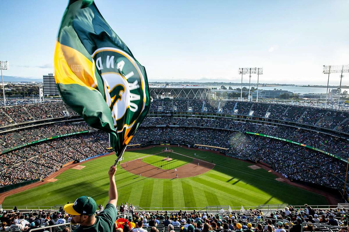 Juan Contreras of Stockton waves an Oakland A's flag near the top of Oakland Coliseum's Mount Davis during an MLB game between the A's and the San Francisco Giants on Saturday, July 21, 2018, in Oakland, Calif. For the first time in 13 years, the A�s opened Mount Davis, the tallest deck in the Oakland Coliseum.