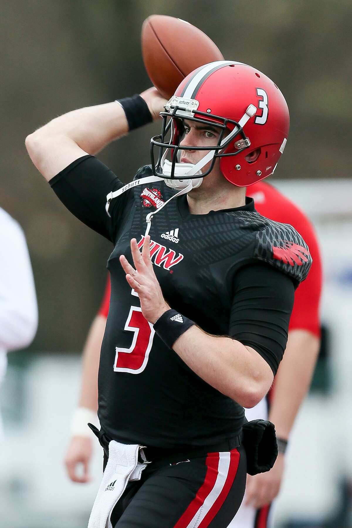 UIW quarterback Sean Brophy warms up prior to the start of the Cardinals' spring football game at Benson Stadium on Saturday, March 2, 2019.
