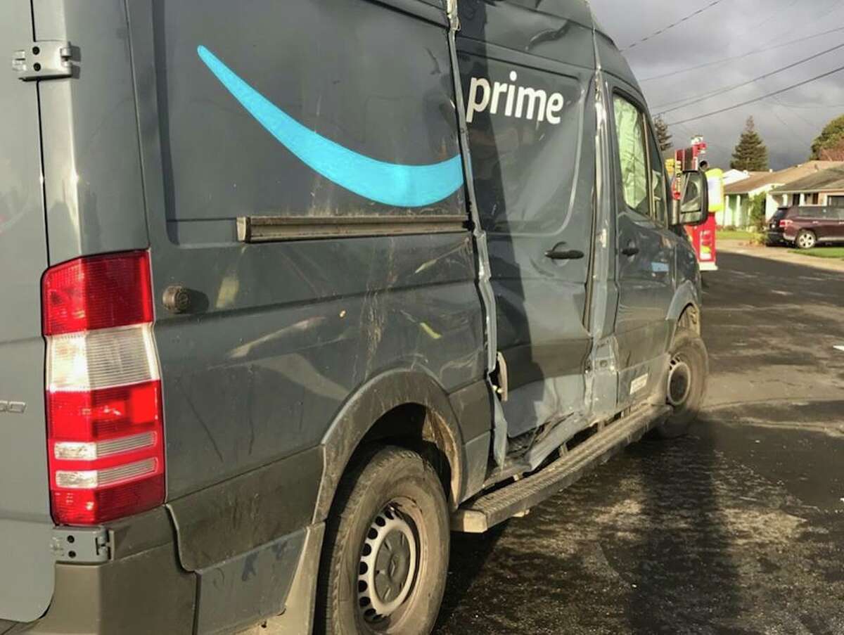 Amazon Van Ends Up On Roof After Colliding With Alameda County Fire Truck