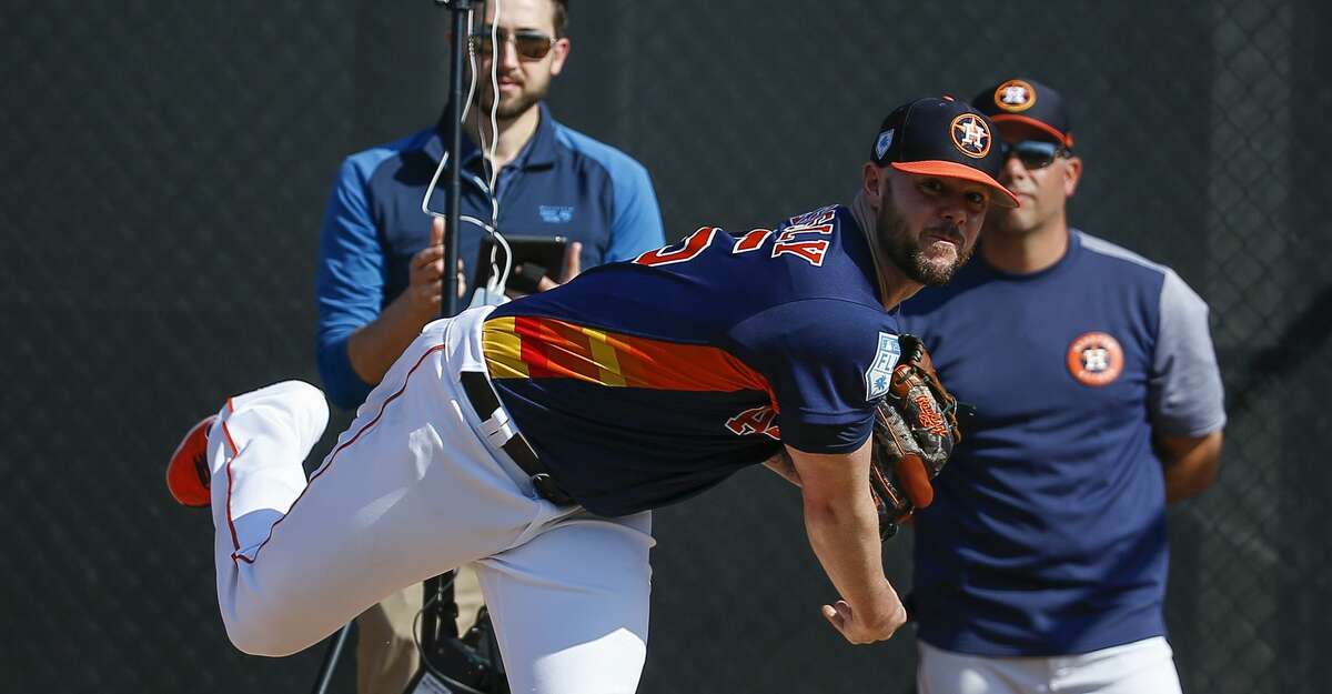 Houston Astros right handed pitcher Ryan Pressly (55) pitches at bullpen at Fitteam Ballpark of The Palm Beaches on Day 3 of spring training on Saturday, Feb. 16, 2019, in West Palm Beach.