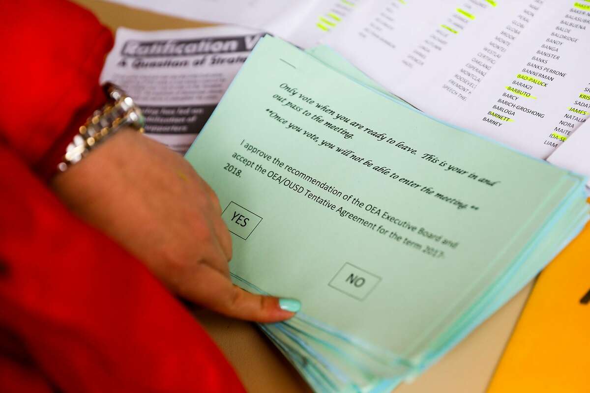 The ballot given to teachers is seen at the check in table outside the Paramount Theater in Oakland, California, on Sunday, March 3, 2019. Teachers lined up to vote on whether or not to ratify a tentative contract that the Oakland Education Association and Oakland Unified School District.