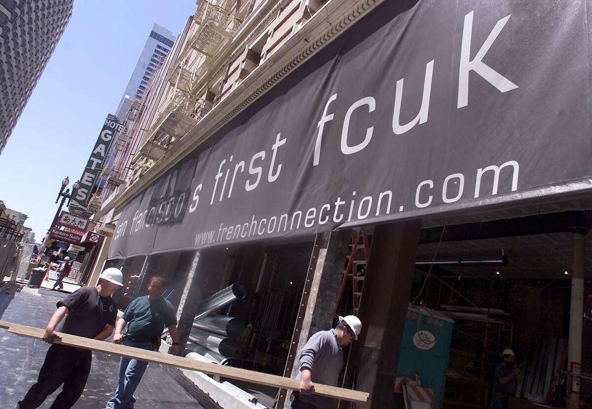 A 2001 sign in San Francisco advertises the city's first retail store for French Connection UK.