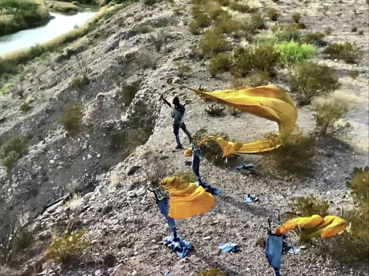 A still image from Jesus Gonzalez's "Ramas de mezclilla (denim branches)" video, on view at Rudolph Blume Fine Art/Artscan Gallery through March 23 in the group show "Artimanas/Revealed."