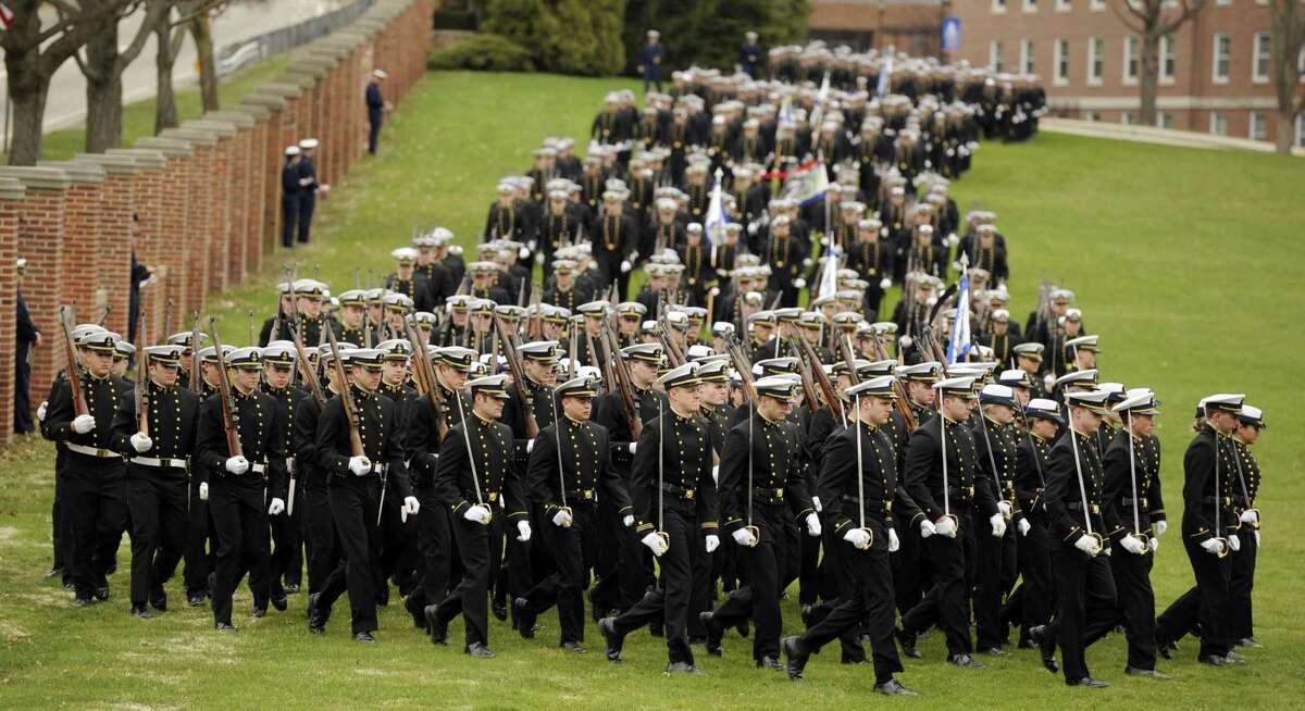 Cadets at the United States Coast Guard Academy march onto the Washington Parade Field for their first Regimental Review of the spring semester in 2011.