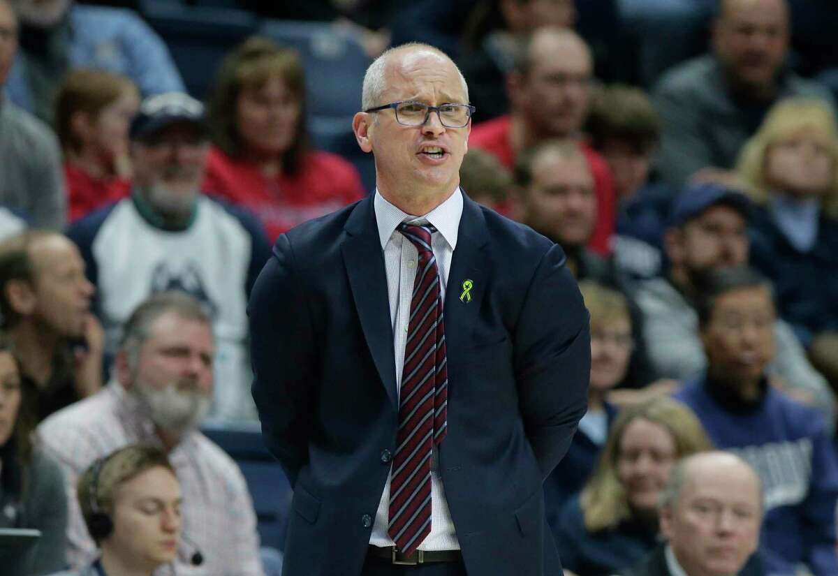 UConn coach Dan Hurley shouts from the bench during the second half against South Florida on March 3, 2019 in Storrs.