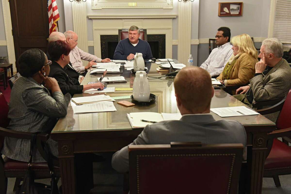 Schenectady City Council President Ed Kosiur center, speaks before the Schenectady City Council as they take the first step in overriding Mayor Gary McCarthy's rejection of their plan to keep four city court judges in the city at City Hall on Monday, March 4, 2019 in Schenectady, N.Y. The City Council in January 2021 is looking for replacements for both Kosiur and councilwoman Leesa Perazzo (Lori Van Buren/Times Union)
